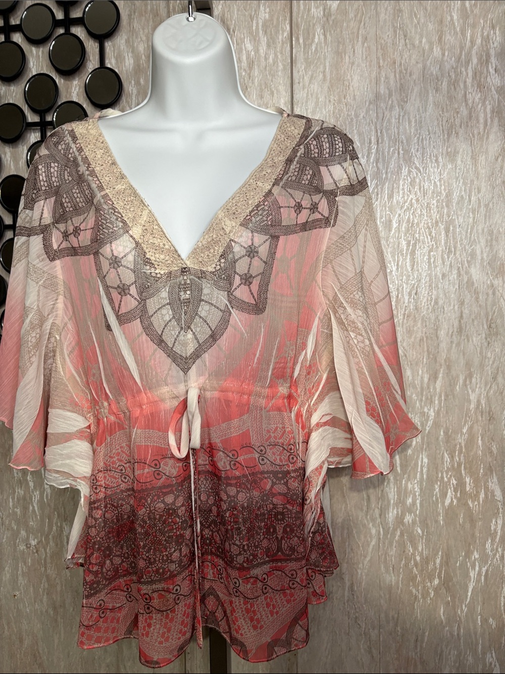 Cocomo Coral Pink Ombre Boho Embroidered V-Neck Tunic